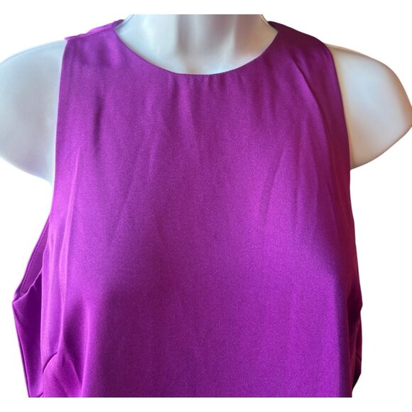 Mac Duggal Ieena Feathered Hem High Neck Sleeveless A-Line Dress Purple Satin 6 - Picture 10 of 13